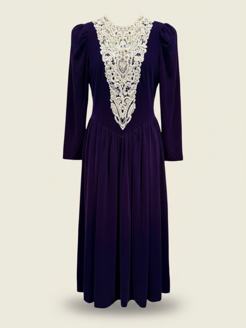 Vintage 1990 Jessica McClintock Blue Velvet Dress | Lace Bib | Tea Length